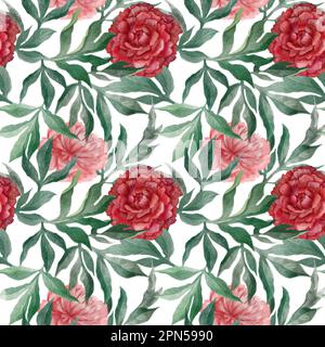 Ein Aquarellgemälde aus roten Pfingstrosen mit Blättern und Blumen, nahtlos und mit vollem Muster Stockfoto