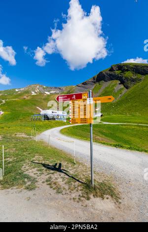 Wegweiser für Fahrräder und Wanderer mit Laufzeiten am Grindelwald-First in der Jungfrau-Region der Berner Oberlandalpen, Schweiz Stockfoto