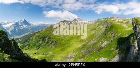 Panoramablick von Grindelwald auf das Eiger-, Moensch- und Jungfraugebirge, Jungfrau-Region der Berner Oberlandalpen, Schweiz Stockfoto