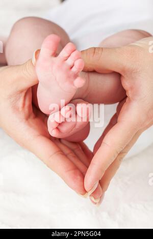 Mutter hält Neugeborene Füße - flachen DOF Stockfoto