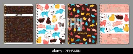 Trendiges Notebook- und Katzen-Cover-Set. Niedliches Kätzchen-Design für Planer, Broschüre, Buch, Katalog. Notizblock mit Kätzchen in verschiedenen Posen. Dekoratives PET-Layout Seite drucken Vorlage Poster Stock Vektor
