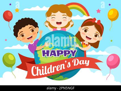 Happy Children Day Vector Illustration with Boy and Girl Kids in Toys on Background Flat Cartoon Hand Drawn for Web Banner or Landing Page Templates Stock Vektor