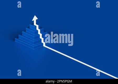 Weißer Pfeil folgt den Treppen des Wachstums auf blauem Hintergrund, 3D Pfeil klettert über eine Treppe, 3D Stufen Pyramidenform mit Pfeil nach oben Stockfoto