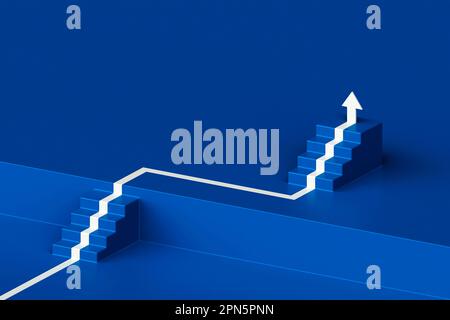 Weißer Pfeil, der den Wachstumsstufen auf blauem Hintergrund folgt, 3D Pfeil, der über eine Treppe steigt, 3D zwei Treppen mit Pfeil nach oben, 3D rende Stockfoto