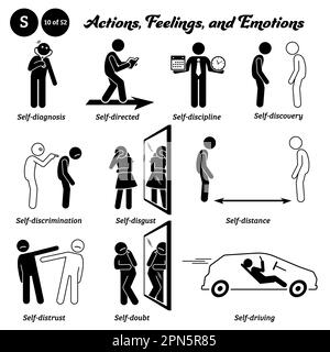 Strichmännchen Menschen Menschen Menschen Menschen Menschen Menschen Menschen tun, Gefühle und Emotionen Symbole alphabet S. selbst, Diagnose, geleitet, Disziplin, Entdeckung, Diskriminierung, Disgu Stock Vektor