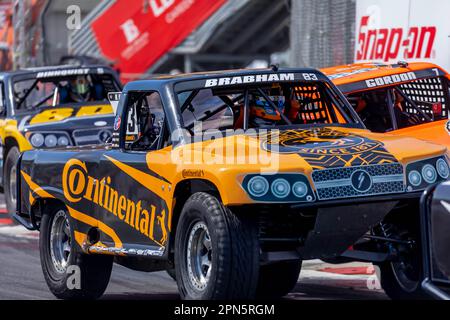 Long Beach, Kalifornien, USA. 16. April 2023. Die Straßen von Long Beach sind Austragungsort der Stadion Super Trucks für den Acura Grand Prix von Long Beach in Long Beach, CA, USA. (Kreditbild: © Walter G. Arce Sr./ZUMA Press Wire) NUR REDAKTIONELLE VERWENDUNG! Nicht für den kommerziellen GEBRAUCH! Kredit: ZUMA Press, Inc./Alamy Live News Stockfoto
