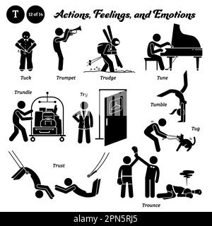 Strichmännchen Menschen Menschen Menschen Menschen Menschen Menschen Aktion, Gefühle und Emotionen Ikonen Alphabet T-Trüdge, Trompete, Tuck, Melodie, Rutschen, Versuchen, umstürzen, ziehen, vertrauen und Trou Stock Vektor