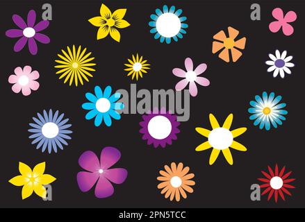 Einfache Blumenmuster in verschiedenen Farben, Formen und Größen auf schwarzem Hintergrund. Vektor Stock Vektor