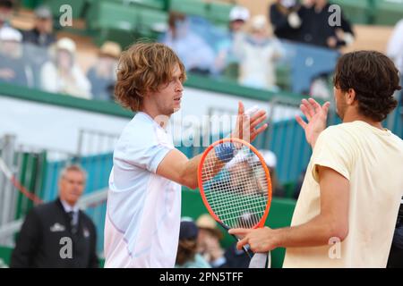 Monaco, Monaco. 15. April 2023. MONACO, Monte Carlo 15. April 2023; Halbfinale im Tennisturnier im Monte Carlo Tennis Club zwischen Taylor FRITZ (USA) und Andrey RUBLEV (Russland). Court Rainier III, ROLEX Monte-Carlo Masters 1000, Halbfinale, Andrey Rublev gegen Taylor Fritz April 15 2023., Bild und Copyright Thierry CARPICO/ATP images (CARPICO Thierry/ATP/SPP). Kredit: SPP Sport Press Photo. Alamy Live News Stockfoto