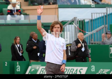 Monaco, Monaco. 15. April 2023. Court Rainier III, ROLEX Monte-Carlo Masters 1000, Halbfinale, Andrey Rublev gegen Taylor Fritz April 15 2023. (CARPICO Thierry/ATP/SPP) Kredit: SPP Sport Press Photo. Alamy Live News Stockfoto