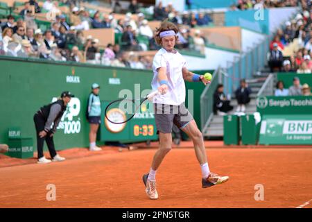 Monaco, Monaco. 15. April 2023. Court Rainier III, ROLEX Monte-Carlo Masters 1000, Halbfinale, Andrey Rublev gegen Taylor Fritz April 15 2023. (CARPICO Thierry/ATP/SPP) Kredit: SPP Sport Press Photo. Alamy Live News Stockfoto