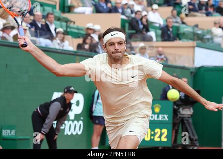 Monaco, Monaco. 15. April 2023. MONACO, Monte Carlo 15. April 2023; Halbfinale im Tennisturnier im Monte Carlo Tennis Club zwischen Taylor FRITZ (USA) und Andrey RUBLEV (Russland). Court Rainier III, ROLEX Monte-Carlo Masters 1000, Halbfinale, Andrey Rublev gegen Taylor Fritz April 15 2023., Bild und Copyright Thierry CARPICO/ATP images (CARPICO Thierry/ATP/SPP). Kredit: SPP Sport Press Photo. Alamy Live News Stockfoto