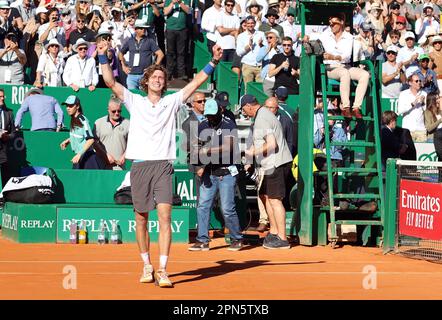 Monaco, Monaco. 16. April 2023. Holger Rune gegen Andrey Rublev, Final Open Rolex Master 1000 Monte Carlo April 16 2023. (CARPICO Thierry/ATP/SPP) Kredit: SPP Sport Press Photo. Alamy Live News Stockfoto