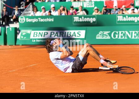 Monaco, Monaco. 16. April 2023. MONACO, Monte Carlo, 16. April 2023; Holger Rune gegen Andrey Rublev, Final Open Rolex Master 1000 Monte Carlo Tennis Turnier im Monte Carlo Tennis Club am 16. April 2023 wurde Andrey RUBLEV in diesem Finale – Feier – Bild und Urheberrecht Thierry CARPICO/ATP Images (CARPICO Thierry/ATP/SPP) Gewinner des Spiels. Kredit: SPP Sport Press Photo. Alamy Live News Stockfoto