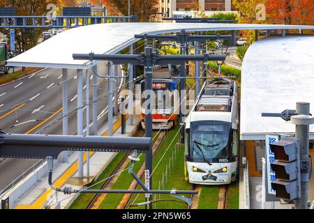 Kumamoto, Japan - Nov. 24 2022: Die Kumamoto City Tram ist eine bequeme öffentliche Verkehrsmittel, um in Kumamoto zu reisen Stockfoto