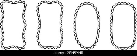Doodle Retangle und ovale Muschelrahmen. Handgezeichnete Rechteck- und Ellipsenformen mit ausgekrümmten Kanten. Einfaches Etikettenformular. Rahmen aus Blumenspitze Stock Vektor