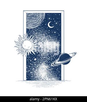 Öffne die Tür zum Weltraum mit fliegenden Planeten, Sonne und Mond. Das Konzept der Vorstellungskraft, der neuen Idee, der neuen Möglichkeiten und des neuen Lebens. Vektordarstellung Stock Vektor