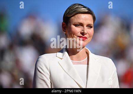 Monaco, Monaco. 16. April 2023. KEINE BOULEVARDZEITUNGEN - Prinzessin Charlene von Monaco beim Monaco Rolex Masters Finale in Monte Carlo am 16. April 2023. Foto: Corinne Dubreuil/ABACAPRESS.COM Kredit: Abaca Press/Alamy Live News Stockfoto