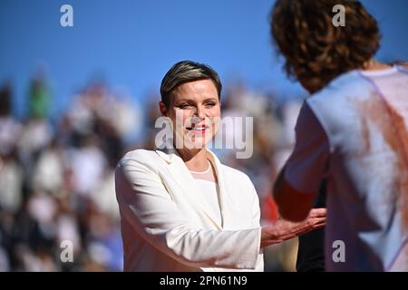 Monaco, Monaco. 16. April 2023. KEINE BOULEVARDZEITUNGEN - Prinzessin Charlene von Monaco beim Monaco Rolex Masters Finale in Monte Carlo am 16. April 2023. Foto: Corinne Dubreuil/ABACAPRESS.COM Kredit: Abaca Press/Alamy Live News Stockfoto