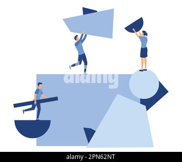 Ein Team von Menschen sammelt abstraktes geometrisches Puzzle, Symbole sammeln geometrische Formen, flache Vektoren mit moderner Illustration Stock Vektor