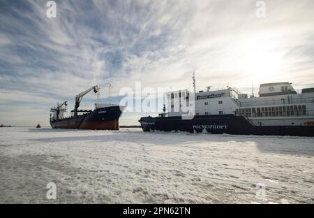 April 2023 - Archangelsk. Trockenfrachtschiff 'Bering' und Eisbrecher 'Kapitän Chaadaev'. Eisbrecheroperationen am Fluss Nord-Dvina. Russland, Arkh Stockfoto