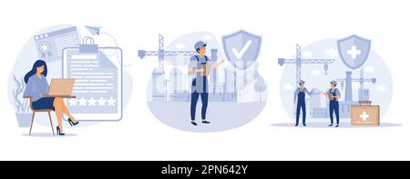 Working environment concept, Quality work, workplace safety, occupational health, employee performance, workplace assessment, injury prevention, set f Stock Vector