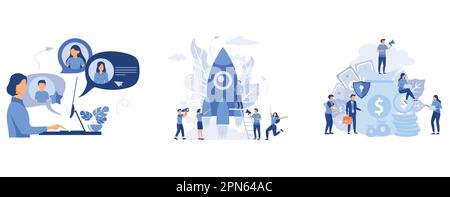 Kommunikation über das Internet, soziale Netzwerke, Menschen bauen eine Raumschiff-Rakete. Teamarbeit, Geldschutz, Sparversicherung Stock Vektor