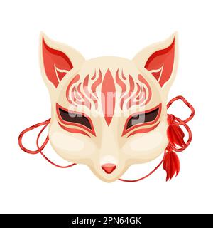 Kitsune Folklore japan Maske, asiatische Mythologie Maskottfuchs im Cartoon Stil isoliert auf weißem Hintergrund. Vektordarstellung Stock Vektor