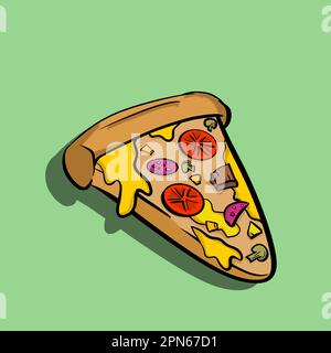 Pizzastück mit geschmolzenem Käse und Peperoni. Cartoon-Sticker im Comic-Stil mit Kontur Stock Vektor
