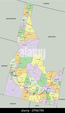 Idaho - sehr detaillierte, bearbeitbare politische Karte mit Beschriftung. Stock Vektor