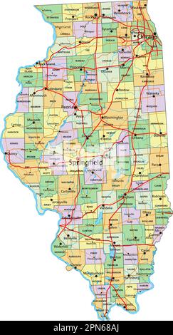 Illinois - sehr detaillierte, bearbeitbare politische Karte mit Beschriftung. Stock Vektor