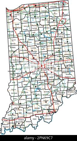 Straßenkarte und Highway-Karte von Indiana. Vektordarstellung. Stock Vektor