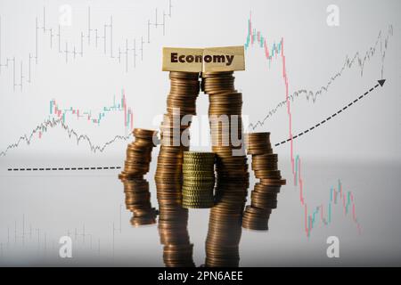 Economy-Konzept. Preisgünstiges Wort auf Holzsteinen auf gestapelten Münzen Stockfoto
