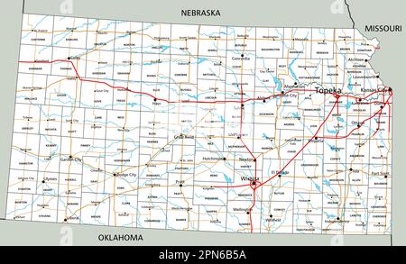 Detaillierte Straßenkarte in Kansas mit Beschriftung. Stock Vektor