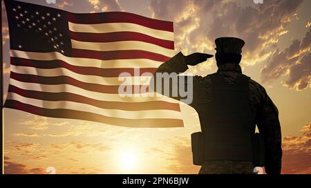 Silhouette des Militärs zu Ehren der US-Flagge bei Sonnenuntergang, konzept der amerikanischen Militärstärke Stockfoto