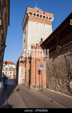 St. Florian Gate (Brama Florianska), gotische mittelalterliche Festung in der Altstadt von Krakau (Krakau), Polen. Stockfoto