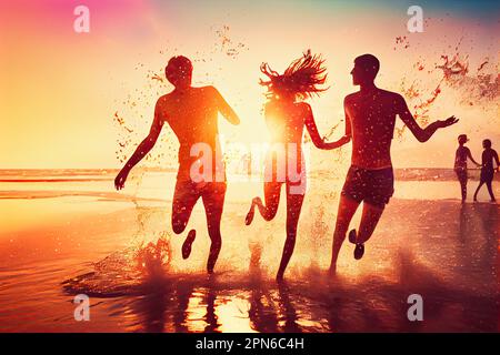 Silhouetten von fröhlichen jungen Menschen, die auf dem orangefarbenen Sonnenuntergang Rennen Stockfoto