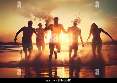 Silhouetten glücklicher junger Menschen, die auf dem orangefarbenen Sonnenuntergang Rennen Stockfoto