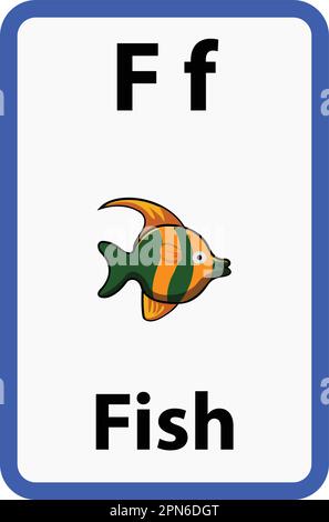Alphabet-Karteikarte für Kinder mit dem Buchstaben f von Fischen Stock Vektor