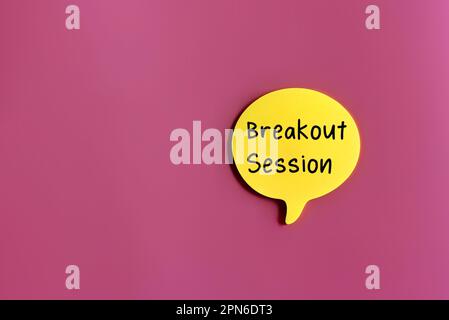 Sprechblase mit Text BREAKOUT-SITZUNG auf pinkfarbenem Hintergrund und Kopierbereich in der Draufsicht Stockfoto