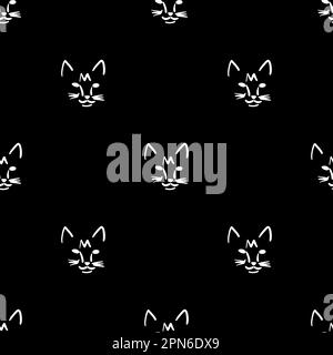 Nahtloses Muster mit Katzenkopf in minimalistischem Umriss auf schwarzem Hintergrund Stock Vektor