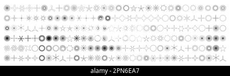 Einfache minimalistische Konturelemente, abstrakte, brutale geometrische Formen. Basisform Y2K Figur Blume, Getreide, Kristall, Schneeflocke, Stern, Glitzer Stock Vektor