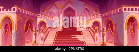 Alte, schmutzige Burgeinrichtung mit kaputten Treppen. Dreckige verlassene Halle des königlichen Palastes mit zerrissenem Teppich, Rissen in den Wänden, Treppe und Spinnennetz, Vektorgrafiken Stock Vektor