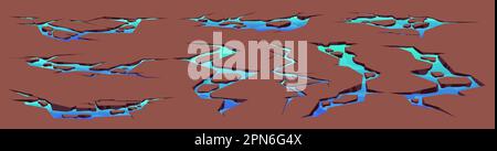 Ein Cartoon-Set aus Dürreland-Rissen mit blauem Wasser drinnen. Vektordarstellung von Löchern auf beschädigten Wüstengrundflächen. Trockene, heiße Klimaeinflüsse auf den Boden. Designelemente des Spiels im Hintergrund isoliert Stock Vektor