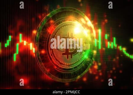 Die kryptowährende Bitcoin ist auf einem elektronischen Hintergrund mit roten und grünen Lichtern abgebildet. Börsen werden durch Kerzenhalter-Diagramme dargestellt Stockfoto