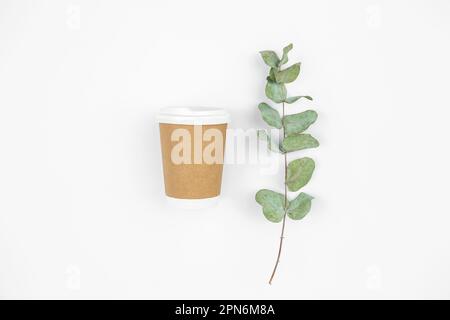 Einweghandglas und Eukalyptusspalt auf weißem Hintergrund, Stockfoto