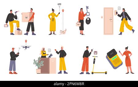 Funkfrequenzkennzeichnung. Die Leute überprüfen die Codes. Etiketten Aufkleber. Einmaliges Scannen von Informationen. Wellenmethode. Moderner Chip. Kontaktlose Intelligenz Stock Vektor