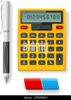 Realistisches Schulangebot. Büropapier. Realistischer Taschenrechner. Stift und Radierer. Geschäfts- oder Bildungstools. Arbeits- und Lernzubehör. Automatisch Stock Vektor