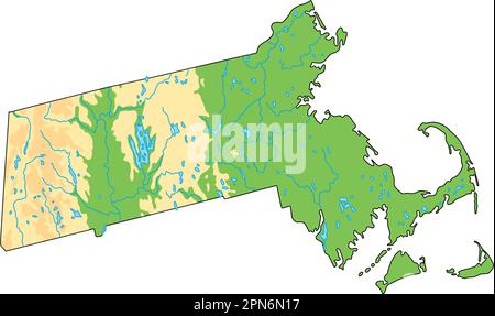 Hochdetaillierte physische Karte von Massachusetts Stock Vektor