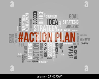 Word Cloud-Hintergrundkonzept für den Aktionsplan. Lösungsstrategie für Geschäftsideen Konzept implementieren. vektordarstellung. Stock Vektor